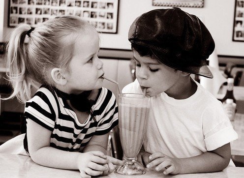 Little Kids Sharing a Shake - Black & White Picture - Little Girl - Little Boy with Hat